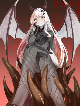 1girl blush bodysuit breasts colored_skin crossed_legs demon_girl demon_horns demon_wings from_below green_eyes grey_bodysuit grey_skin hair_ornament hand_on_own_cheek hand_on_own_face highres horns long_hair looking_at_viewer murata_taichi original smile solo white_hair wings