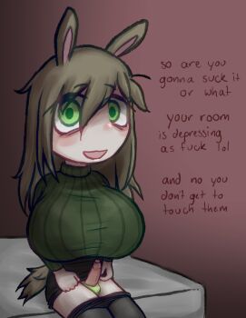 Rule 34 | 1futa, :3, bags under eyes, black thighhighs, blonde hair, breasts, english text, futanari, green panties, green sweater, huge breasts, long hair, looking at viewer, mentha (menthalovely), mint (menthalovely), on bed, open mouth, original, panties, penis out, rabbit ears, rabbit tail, red background, sitting, small penis, sweater, thighhighs, underwear