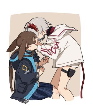 2girls amiya_(arknights) animal_ears arknights ascot black_ascot black_coat blue_skirt border brown_hair closed_eyes coat commentary_request demon_tail grey_hair highres horns jacket jewelry kiss long_hair multiple_girls multiple_rings pink_background plaid_clothes plaid_skirt pouch rabbit_ears red_shirt ring shirt short_hair simple_background skirt tail thigh_pouch w_(arknights) white_border white_jacket yano_(edbr1022) yuri