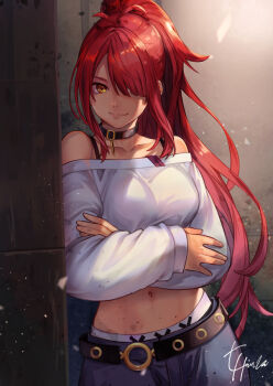 1girl black_choker blue_pants breasts choker commentary_request commission cropped_sweater crossed_arms denim hair_over_one_eye hinoru_saikusa jeans leaning_to_the_side long_hair medium_breasts midriff navel off-shoulder_sweater off_shoulder original panties pants panty_peek ponytail red_hair skeb_commission smile solo sweater underwear white_sweater yellow_eyes