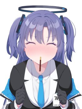 1girl ^_^ black_gloves black_jacket blue_archive blue_necktie blush closed_eyes collared_shirt commentary_request food food_in_mouth gloves hair_ornament halo highres id_card inaduma-0505 jacket jacket_partially_removed long_hair mechanical_halo millennium_science_school_logo necktie pocky pocky_in_mouth pocky_kiss purple_hair shared_food shirt sidelocks simple_background triangle_hair_ornament twintails waiting_for_kiss white_background white_shirt yuuka_(blue_archive)