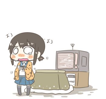 10s 1girl blanket crying crying_with_eyes_open cup female_focus fubuki_(kancolle) hanten_(clothes) inishie kantai_collection kotatsu open_mouth ponytail school_uniform serafuku sidelocks solo static table teacup tears television thighhighs