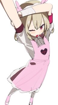 1girl apron arm_up blonde_hair collared_dress dress full_body hair_ornament heart heart_print highres long_hair looking_at_viewer natori_sana natori_sana_(nurse) one_eye_closed open_mouth pink_apron pipop_(sakanauwosakana) puffy_short_sleeves puffy_sleeves rabbit_hair_ornament red_eyes sana_channel short_sleeves simple_background smile solo standing stretching two_side_up virtual_youtuber white_background white_dress