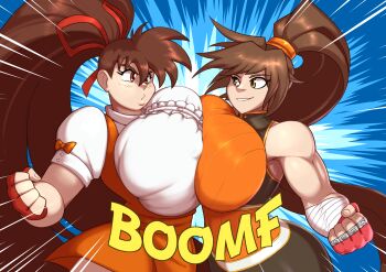 2girls anna_miller artist_request blue_background breast_press breasts brown_eyes brown_hair dnf_duel dungeon_and_fighter female_fighter_(dungeon_and_fighter) female_striker_(dungeon_and_fighter) fighting_stance fimif fingerless_gloves gloves highres huge_breasts long_hair multiple_girls ponytail sound_effects takeuchi_yuka variable_geo very_long_hair waitress yellow_eyes