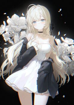 1girl ahoge black_choker black_jacket blonde_hair blue_eyes blush braid breasts choker cleavage closed_mouth cowboy_shot dress fymrie highres jacket large_breasts long_hair off_shoulder open_clothes open_jacket original single_braid smile solo white_dress