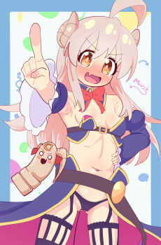1girl :d absurdres ahoge armpits bare_shoulders black_panties blush bow bowtie breasts brown_eyes brown_hair cameltoe cosplay cowboy_shot crisis_management_form_(machikado_mazoku) curled_horns demon_girl demon_horns detached_collar detached_sleeves embarrassed eyelashes eyes_visible_through_hair fang gluteal_fold hair_between_eyes hand_on_own_hip highres horns index_finger_raised juliet_sleeves lilith_(machikado_mazoku) lilith_(machikado_mazoku)_(cosplay) lilith_(statue)_(machikado_mazoku) loli long_hair long_sleeves looking_at_viewer machikado_mazoku male-female_symbol marsh753315 navel nose_blush o_o onii-chan_wa_oshimai! open_mouth outstretched_arm oyama_mahiro oyama_mihari panties pointing pointing_at_viewer puffy_sleeves red_bow red_bowtie sidelocks signature simple_background skin_fang small_breasts smile solo tareme underwear v-shaped_eyebrows white_background yoshida_yuuko yoshida_yuuko_(cosplay)