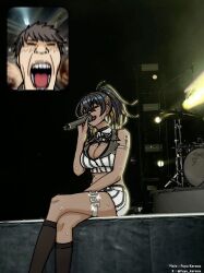Rule 34 | 1boy, 1girl, arm strap, bereal, between breasts, black hair, black necktie, blonde hair, breasts, cleavage, colored inner hair, commander (nikke), concert, cropped shirt, dark-skinned female, dark skin, drum, drum set, earrings, fan screaming at madison beer (meme), fuyu karasu, goddess of victory: nikke, hair ornament, hairclip, high ponytail, holding, holding microphone, inset, instrument, jewelry, large breasts, meme, microphone, multicolored hair, music, necktie, necktie between breasts, noise (classic diva) (nikke), noise (nikke), official alternate costume, photo background, screaming, shorts, singing, stage, streaked hair, striped clothes, striped shorts, twitter username, white shorts