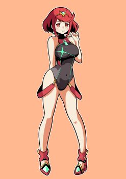 1girl absurdres arm_behind_back arm_up black_one-piece_swimsuit bob_cut breasts cianter closed_mouth core_crystal_(xenoblade) covered_navel full_body highres large_breasts medium_hair one-piece_swimsuit orange_background pyra_(pro_swimmer)_(xenoblade) pyra_(xenoblade) red_eyes red_hair simple_background smile solo standing swept_bangs swimsuit tiara xenoblade_chronicles_(series) xenoblade_chronicles_2