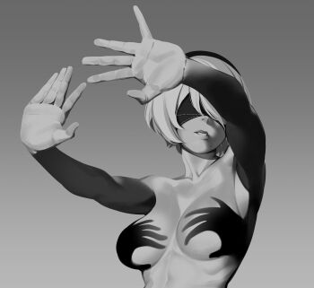 1girl 2b_(nier:automata) android armpits arms_up bare_arms bare_shoulders breasts censored cleavage collarbone convenient_censoring hand_shadow_covering_breasts_(meme) headband highres jiyuu_sensei large_breasts medium_breasts meme mole mole_under_mouth monochrome nier:automata nier_(series) ribs shadow simple_background solo teeth upper_body upper_teeth_only white_hair