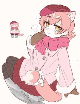 1girl :3 alternate_costume animal_ears beret black_pantyhose blush boots bow brown_gloves casual coat extra_ears fishnet_pantyhose fishnets fur_trim gloves grey_footwear hair_between_eyes hat hat_bow highres jacket kemono_friends knee_boots long_sleeves looking_at_viewer multicolored_hair multiple_views orange_eyes panther_ears panther_girl panther_tail pantyhose peach_panther_(kemono_friends) pink_hair pink_jacket pink_scarf pleated_skirt red_hat red_skirt scarf short_hair sidelocks sitting skirt tail tail_bow tail_ornament tomatokomainu two-tone_hair white_fur white_hair winter_clothes winter_coat