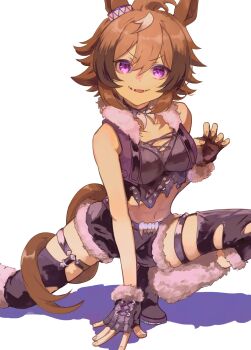 Rule 34 | 1girl, animal ears, bare shoulders, black gloves, breasts, brown hair, commentary request, fangs, fingerless gloves, fur-trimmed gloves, fur-trimmed jacket, fur-trimmed shorts, fur-trimmed vest, fur trim, gloves, hair between eyes, hair tuft, highres, horse ears, horse girl, horse tail, jacket, leg warmers, legwear garter, madori (sayuri5), medium breasts, midriff, multicolored hair, navel, parted lips, purple eyes, purple thighhighs, purple vest, shinko windy (umamusume), shinko windy (wicked punk) (umamusume), shirt, shorts, sleeveless, sleeveless jacket, smile, solo, tail, thighhighs, torn clothes, torn shirt, torn thighhighs, umamusume, vest