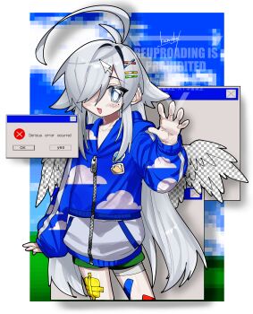 1boy absurdres ahoge angel angel_wings bandaid bandaid_on_leg bliss_(image) blue_eyes border bright_pupils cloud_print commentary_request cursor cursor_hair_ornament fake_transparency green_shorts grey_hair hair_over_one_eye highres hood hood_down hooded_jacket huge_ahoge jacket kamota_(momokomati) long_hair long_sleeves looking_at_viewer male_focus microsoft_windows mole mole_under_eye original pixelated shorts solo trap very_long_hair watermark white_border white_pupils windows_classic windows_xp wings zipper