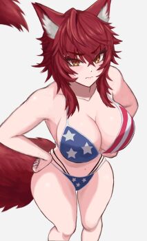 1girl american_flag american_flag_bikini american_flag_print animal_ears bikini breasts cleavage closed_mouth flag_print flag_print_bikini hands_on_own_hips highres indie_virtual_youtuber large_breasts looking_at_viewer meibin navel print_bikini red_hair short_hair solo swimsuit tail virtual_youtuber white_background wolf_ears wolf_tail yellow_eyes zentreya