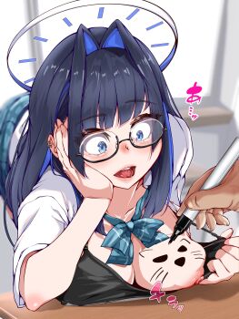 1girl 1other absurdres bent_over black_bra black_hair blue_bow blue_eyes blue_hair blue_skirt body_writing bow bra bra_pull breasts chanwara_06 classroom clothes_pull commentary_request desk ear_piercing glasses halo hand_on_own_face highres holding holding_marker hololive hololive_english indoors large_breasts marker meme nipples open_mouth ouro_kronii piercing pulling_own_clothes school_desk semi-rimless_eyewear shirt skirt underwear virtual_youtuber white_shirt wide-eyed window