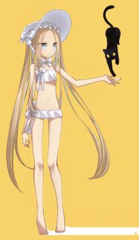 1girl abigail_williams_(fate) abigail_williams_(swimsuit_foreigner)_(fate) abigail_williams_(swimsuit_foreigner)_(third_ascension)_(fate) absurdres bare_shoulders barefoot bikini blonde_hair blue_eyes blush bonnet bow breasts cat fate/grand_order fate_(series) forehead full_body hair_bow hat highres long_hair looking_at_viewer miniskirt navel parted_bangs sidelocks skirt small_breasts swimsuit twintails very_long_hair white_bikini white_bow white_hat yubeshi_(zecxl)