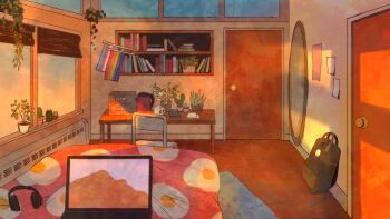 Rule 34 | angela he, backpack, bag, bedroom, bookshelf, chair, computer, desk, headphones, highres, indoors, laptop, mirror, missed messages, no humans, non-web source, official art, plant, potted plant, rainbow flag, scenery, transgender flag, window blinds, window light, wooden floor
