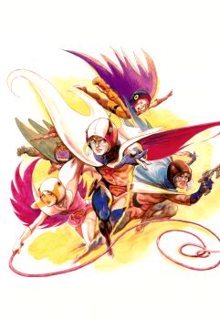 1970s_(style) 1girl 4boys abs bodysuit cape gatchaman glasses helmet highres holding holding_weapon ippei_kuri jinpei_the_swallow joe_the_condor jun_the_swan ken_the_eagle lipstick looking_at_viewer makeup multiple_boys official_art oldschool retro_artstyle ryu_the_owl scan shaded_face skirt smile tatsunoko_production teamwork weapon
