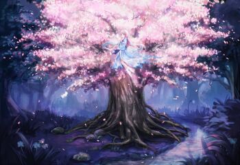 1girl alternate_hair_length alternate_hairstyle blue_dress blush bug butterfly cherry_blossoms commentary_request crying dress falling_petals flower flying foliage forest ghost giant_tree glowing glowing_butterfly glowing_petals highres insect knees long_hair long_sleeves nature no_headwear no_shoes petals pink_butterfly pink_eyes pink_flower pink_hair pink_petals plant plant_roots rock saigyou_ayakashi saigyouji_yuyuko socks solo stream touhou tree white_socks yagami_tsubasa