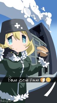 artist_name bread bread_slice caption closed_eyes emoji food highres licking_lips loaf_of_bread radragrad shoujo_shuumatsu_ryokou tongue tongue_out yuuri_(shoujo_shuumatsu_ryokou)