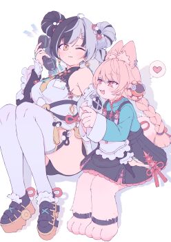 2girls ahoge animal_ear_fluff animal_ears black_hair black_shorts breasts china_dress chinese_clothes commentary_request detached_sleeves dialyn_(zenless_zone_zero) double_bun dress full_body furry furry_female hair_bun heart highres holding holding_another&#039;s_arm holding_phone invisible_chair looking_at_viewer medium_breasts multicolored_hair multiple_girls nagahara_yuki name_tag necktie one_eye_closed phone rabbit_ears rabbit_tail short_necktie shorts sideboob simple_background sitting speech_bubble split-color_hair spoken_heart streaked_hair tail white_background white_hair yellow_eyes yellow_necktie zenless_zone_zero zhao_(zenless_zone_zero)