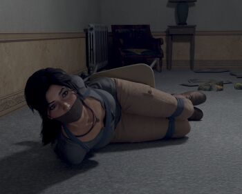 1girl 3d arms_behind_back bdsm bondage bound bound_ankles bound_legs breast_bondage breasts brown_eyes brown_hair chair cloth_gag gag gagged highres improvised_gag jewelry lara_croft looking_at_viewer necklace cloth_gag rope sitting skvrwiel tied_to_chair tomb_raider tomb_raider_(reboot)