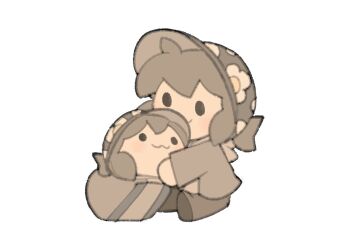 :3 brown_hair brown_hat brown_jacket closed_mouth commentary english_commentary floral_print floral_print_hat hat hug jacket long_sleeves original print_hat simple_background sitting smile tem_loaf_(temmie_chang) temmie_chang temmie_chang_(character) white_background