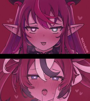 2girls absurdres after_kiss artist_name black_hair black_streaks blue_eyes blush commentary demon_horns double-parted_bangs drooling full-face_blush hair_between_eyes hakos_baelz half-closed_eyes hand_on_another's_face heart heart-shaped_pupils heterochromia highres hololive hololive_english horns irys_(hololive) irys_(irys_2.0)_(hololive) multicolored_hair multiple_girls pink_nails pointy_ears pov purple_eyes red_hair saliva sharp_teeth sweat symbol-shaped_pupils teeth tongue tongue_out torogao twintails uneven_twintails victarionsc virtual_youtuber white_hair yuri