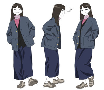 1girl black_hair cardigan closed_eyes commentary english_commentary fang fang_out full_body grey_eyes hands_in_pockets high_collar highres long_skirt long_sleeves multiple_views musical_note open_cardigan open_clothes original parted_bangs plumblossom91 shoes skirt smile sneakers turnaround turtleneck
