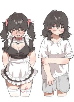 1girl absurdres apron arms_behind_back belt_collar black_eyes bow breasts brown_hair cleavage cleavage_cutout clothing_cutout collar cropped_legs embarrassed freckles garter_straps glasses grey_shorts hair_bow heart_cutout highres jimiko maid maid_apron medium_breasts messy_hair multiple_views original pink_bow possummachine sex_toy shirt short_sleeves shorts sweat thighhighs twintails vibrator vibrator_under_clothes white_shirt white_thighhighs