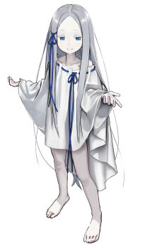 Rule 34 | 1girl, absurdres, bare shoulders, barefoot, blue eyes, blue ribbon, closed mouth, colored eyelashes, commentary request, dress, forehead, full body, grey hair, hair ribbon, hdk moon, highres, long hair, looking at viewer, off shoulder, pale skin, pandora (re:zero), parted bangs, re:zero kara hajimeru isekai seikatsu, ribbon, ribbon-trimmed dress, ribbon trim, simple background, smile, solo, standing, very long hair, white background, white dress