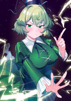 1girl absurdres breasts dress electricity electrokinesis frown ghost ghost_tail green_dress green_eyes green_hair hat highres large_breasts looking_at_viewer soga_no_tojiko solo tate_eboshi touhou urizaku3