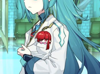 2boys :&lt; alternate_size blue_hair blue_trim breast_pocket chibi cropped_jacket denif_(elsword) elsword eyepatch eyes_out_of_frame game_screenshot_background gold_trim head_out_of_frame in_pocket jewelry long_hair long_sleeves mini_person multiple_boys nishiirei9522 pocket pointy_ears ponytail red_eyes red_hair rosso_(elsword) screenshot_background