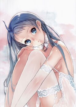 Rule 34 | 1girl, absurdres, ahoge, babydoll, bare shoulders, blue eyes, blue hair, blush, branch (blackrabbits), breasts, choker, convenient censoring, garter straps, gradient hair, heart-shaped lock, heart lock (kantai collection), highres, huge filesize, hugging own legs, kantai collection, knees to chest, knees up, lace, lace choker, long hair, multicolored hair, neck ribbon, parted lips, ribbon, samidare (kancolle), scan, single thighhigh, sitting, small breasts, solo, strap slip, swept bangs, thighhighs, very long hair, white thighhighs
