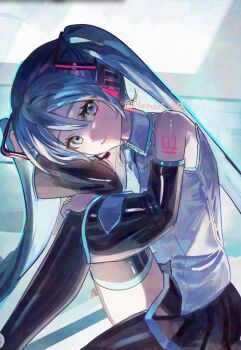1girl aqua_eyes aqua_hair aqua_necktie aqua_trim arm_tattoo bare_shoulders black_skirt black_sleeves boots breasts closed_mouth collared_shirt commentary_request detached_sleeves grey_shirt hair_between_eyes hair_ornament hatsune_miku headphones headset highres long_hair long_sleeves looking_at_viewer medium_breasts miniskirt necktie nemari_(user_wtca7244) number_tattoo pleated_skirt shirt sitting skirt sleeveless sleeveless_shirt sleeves_past_wrists smile solo tattoo thigh_boots twintails very_long_hair vocaloid