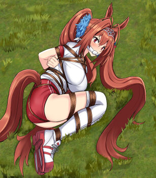 1girl absurdres animal_ears bdsm bondage bound breasts brown_hair cloth_gag daiwa_scarlet_(umamusume) gag gagged green_background highres horse_ears horse_girl horse_tail improvised_gag looking_at_viewer lying outdoors red_eyes red_shorts restrained shibari shirt shorts smoobyrope solo tail twintails umamusume white_shirt