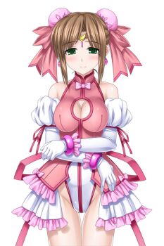 1girl bare_shoulders blush bow breasts brown_hair bun_cover circlet cleavage cleavage_cutout clothing_cutout cosplay crossed_arms double_bun earrings elbow_gloves game_cg gloves green_eyes hair_bun higuchi_isami jewelry kusunoki_misako large_breasts large_variant_set leotard magical_girl mahou_shoujo_sae non-web_source official_art pink_leotard ribbon short_hair showgirl_skirt smile solo thigh_gap transparent_background variant_set white_gloves