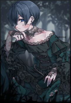 Rule 34 | 1boy, annoyed, bishounen, black hair, blood, blue eyes, blurry, blurry background, blurry foreground, border, bridal gauntlets, choker, ciel phantomhive, closed mouth, collarbone, commentary request, crossdressing, crossdressing (mtf), crossed ankles, dress, earrings, feet, fingernails, fishnet bridal gauntlets, frilled sleeves, frills, frown, full body, furrowed brow, geppeiumasugi, grass, green dress, green pantyhose, hair over one eye, hand on own chin, head rest, hickey, highres, indian style, jewelry, juliet sleeves, kuroshitsuji, lace, lace-trimmed dress, lace-trimmed sleeves, lace bridal gauntlets, lace choker, lace trim, leaning forward, long sleeves, looking at viewer, male focus, no shoes, nosebleed, one eye closed, outdoors, palmar flexion, pantyhose, puffy sleeves, short hair, sidelocks, sideways glance, sitting, small sweatdrop, solo, stud earrings, torn clothes, torn pantyhose, transparent border, trap, tree, twitter username, two-tone dress