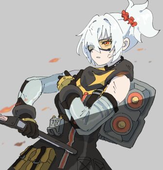 1girl black_dress black_gloves dress from_side gloves goggles grey_background grey_sleeves hair_up highres holding holding_sword holding_weapon looking_ahead netsu_0716 parted_lips red_eyes sleeveless sleeveless_dress soldier_11_(zenless_zone_zero) solo sword tinted_eyewear upper_body weapon white_hair zenless_zone_zero