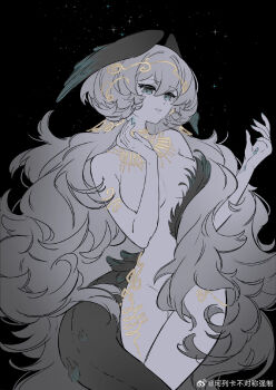 1girl absurdly_long_hair absurdly_long_tail aqua_eyes aqua_feathers aqua_hair aqua_scales aqua_wings arknights armlet artist_name black_background black_feathers black_scales black_tail black_wings breasts completely_nude covered_erect_nipples covered_groin cowboy_shot curvy double-parted_bangs feathered_wings feathers fingernails gold_armlet gold_necklace gold_trim gradient_feathers gradient_wings grey_hair hair_between_eyes hair_ornament hands_up head_wings highres ho'olheyak_(arknights) jewelry kaleka large_breasts legs_together long_hair looking_at_viewer mature_female multicolored_wings nail_polish necklace no_ears nose nude open_hands pale_skin parted_lips raised_eyebrows scales sharp_fingernails sidelocks simple_background snake_girl snake_tail solo sparkle_background standing tail thighs two-tone_feathers two-tone_wings very_long_hair watermark wavy_hair weibo_username weibo_watermark wings