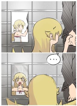 ... 1boy 1girl 2023 @_@ absurdres blonde_hair blush commentary dress english_commentary fangs highres holding_hands long_hair looking_at_mirror metarama mirror oshino_shinobu reflection solo_focus speech_bubble surprised white_dress yellow_eyes