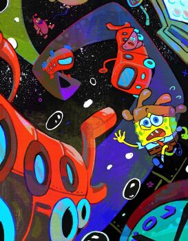 Rule 34 | 3boys, a-kai202, black shoes, blue eyes, brown pants, buck teeth, bus, commentary, english commentary, fish boy, hat, highres, incidental 211, motor vehicle, multiple boys, necktie, pants, patrick star, red necktie, road, running, shirt, shoes, spongebob squarepants, spongebob squarepants (series), star (sky), teeth, white shirt