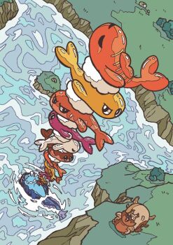 alternate_color animal_focus annoyed black_eyes bright_pupils closed_eyes closed_mouth dondozo fish full_body gen_8_pokemon greedent lake nintendo no_humans onigiri_debu open_mouth outdoors pokemon pokemon_(creature) shiny_pokemon squirrel stack tail tatsugiri tatsugiri_(curly) tatsugiri_(droopy) tatsugiri_(stretchy) teeth water white_pupils