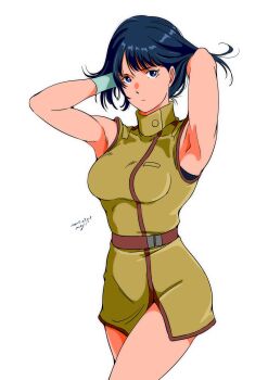 1girl aeug belt black_hair blue_eyes breasts closed_mouth dress fa_yuiry gloves grabbing_own_hair gundam hair_lift highres holding holding_own_hair long_hair looking_at_viewer military_uniform pgmajimaji science_fiction simple_background sleeveless solo thighhighs upper_body white_background white_gloves zeta_gundam