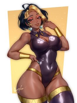 Rule 34 | 1girl, blonde hair, bob cut, breast cutout, breasts, cleavage cutout, clothing cutout, commentary, dark-skinned female, dark skin, domina (overwatch), earrings, eyeshadow, gold bracer, highres, jewelry, large breasts, leotard, looking at viewer, makeup, multicolored hair, overwatch, single bracer, thick thighs, thighhighs, thighs, two-tone hair, w33ping cat, wide hips
