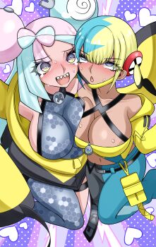 2girls @_@ breast_press breasts canari_(pokemon) dark-skinned_male dark_skin highres iono_(pokemon) large_breasts multiple_girls nintendo norman_bug pokemon pokemon_legends:_z-a pokemon_sv sharp_teeth symmetrical_docking teeth