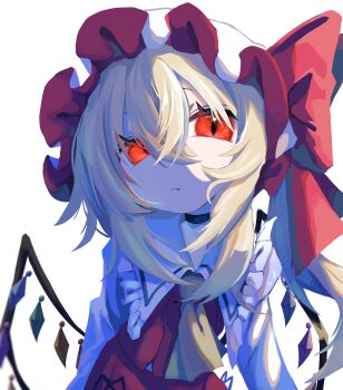 Rule 34 | 1girl, absurdres, ascot, bow, closed mouth, commentary request, expressionless, flandre scarlet, frilled shirt collar, frills, hair between eyes, hat, hat bow, highres, long bangs, long hair, long sleeves, looking at viewer, melanin shikiso, mob cap, red bow, red eyes, red skirt, red vest, shirt, simple background, skirt, skirt set, slit pupils, solo, touhou, upper body, vest, white background, white hat, white shirt, yellow ascot