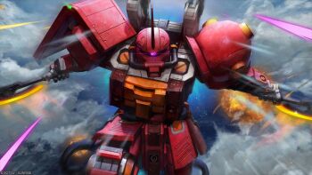 Rule 34 | absurdres, artist request, battle, cable, cloud, cloudy sky, copyright logo, dual wielding, flying, gundam, gundam battle operation 2, gundam thunderbolt, heat hawk, highres, holding, logo, machinery, mecha, mecha focus, mobile suit, no humans, official art, one-eyed, realistic, robot, science fiction, shield, sky, sunrise (company), thrusters, zaku ii, zaku ii (reuse p device), zeon