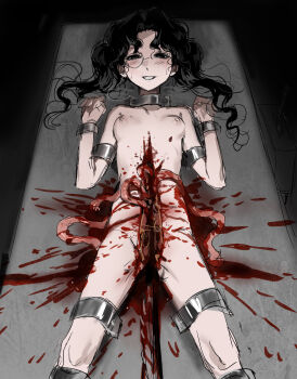 1girl absurdres amon_(lord_of_the_mysteries) black_eyes black_hair blood blush bound breasts chinese_commentary commentary_request cutting ero_guro genderswap genderswap_(mtf) guro highres intestines kikinotamai long_hair looking_at_viewer lord_of_the_mysteries lying monocle nipples nude on_back open_mouth organs parted_bangs restrained sagittal_plane_cutting sliced small_breasts solo spread_eagle_position stationary_restraints steaming_body sweat twintails