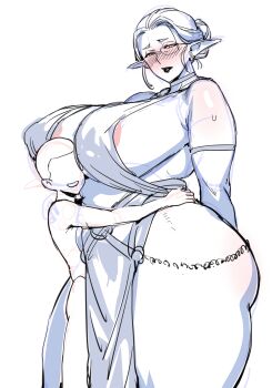 1boy 1girl age_difference breasts cleavage elf highres huge_breasts kisuu large_breasts pointy_ears shota smile