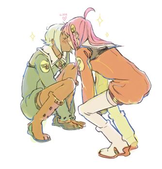 Rule 34 | 2girls, ahoge, braid, dark-skinned female, dark skin, esshemasha, grey hair, hair ornament, heart, kiss, lal'c mellk mal, long hair, long sleeves, multiple girls, nono (top wo nerae 2!), pink hair, short hair, sparkle, squatting, thighhighs, top wo nerae! (series), top wo nerae 2!, white background, yuri